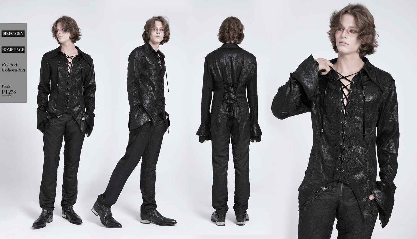 Men's Gothic Lace-Up Shirt with Ruffled Cuffs and Tail Hem