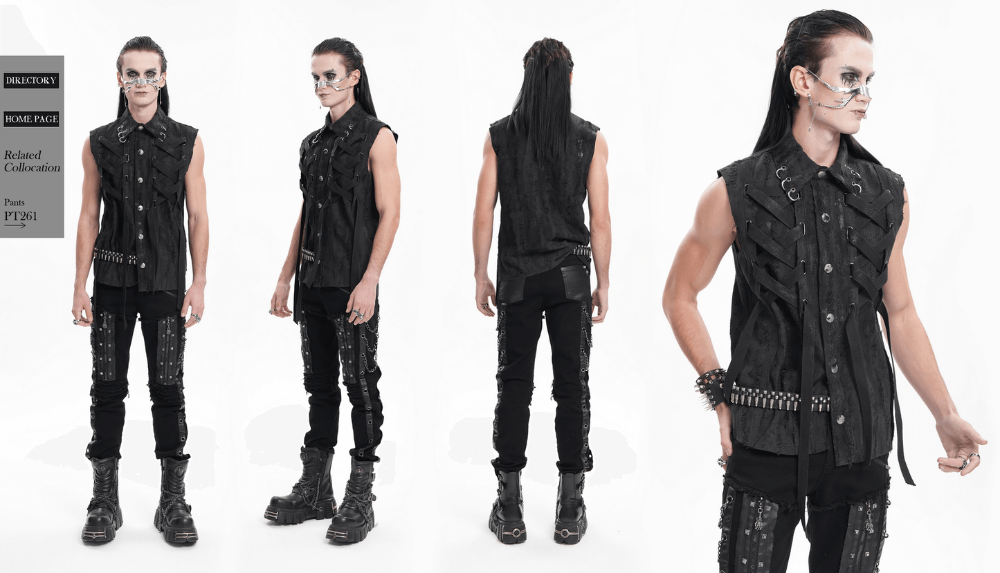 Men's Gothic Punk Sleeveless Shirt with Lace-Up Design