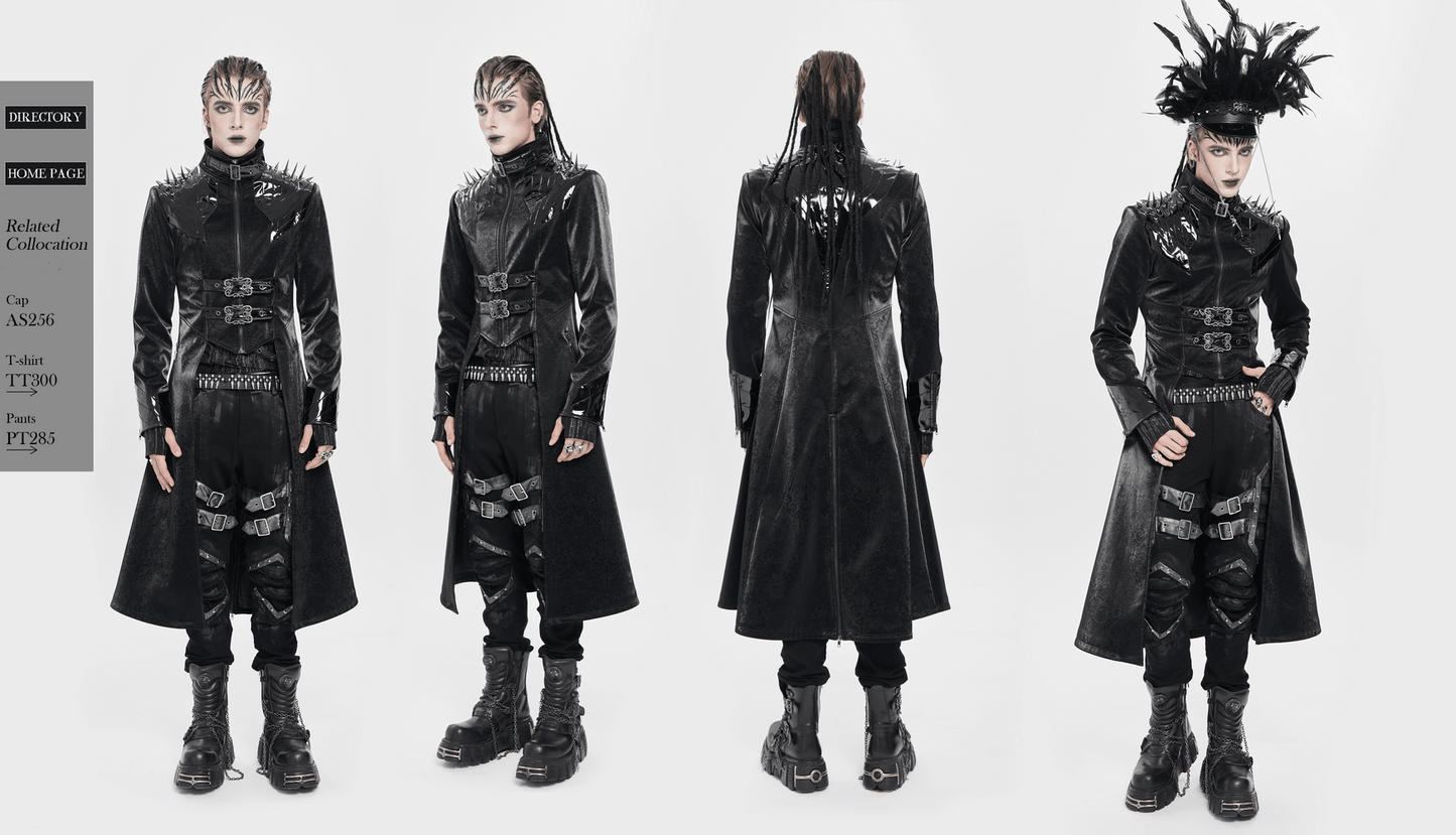 Men's Long Coat with Spikes and Metal Buckle Detail