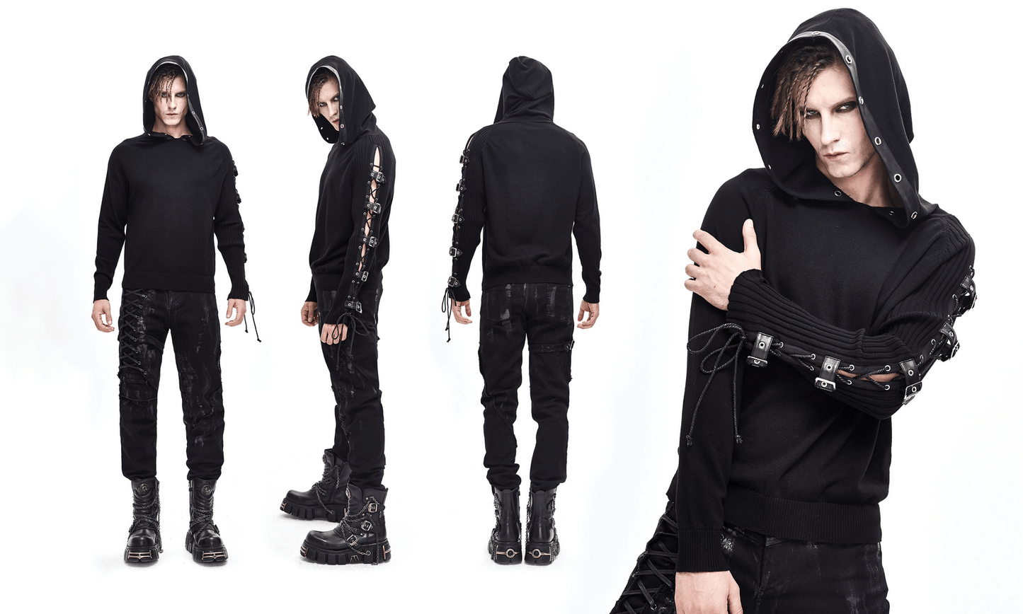 Men's Punk Asymmetry Sleeve Hoodie / Gothic Knit Sweater Hoody with Lace-up & Buckles on Sleeve