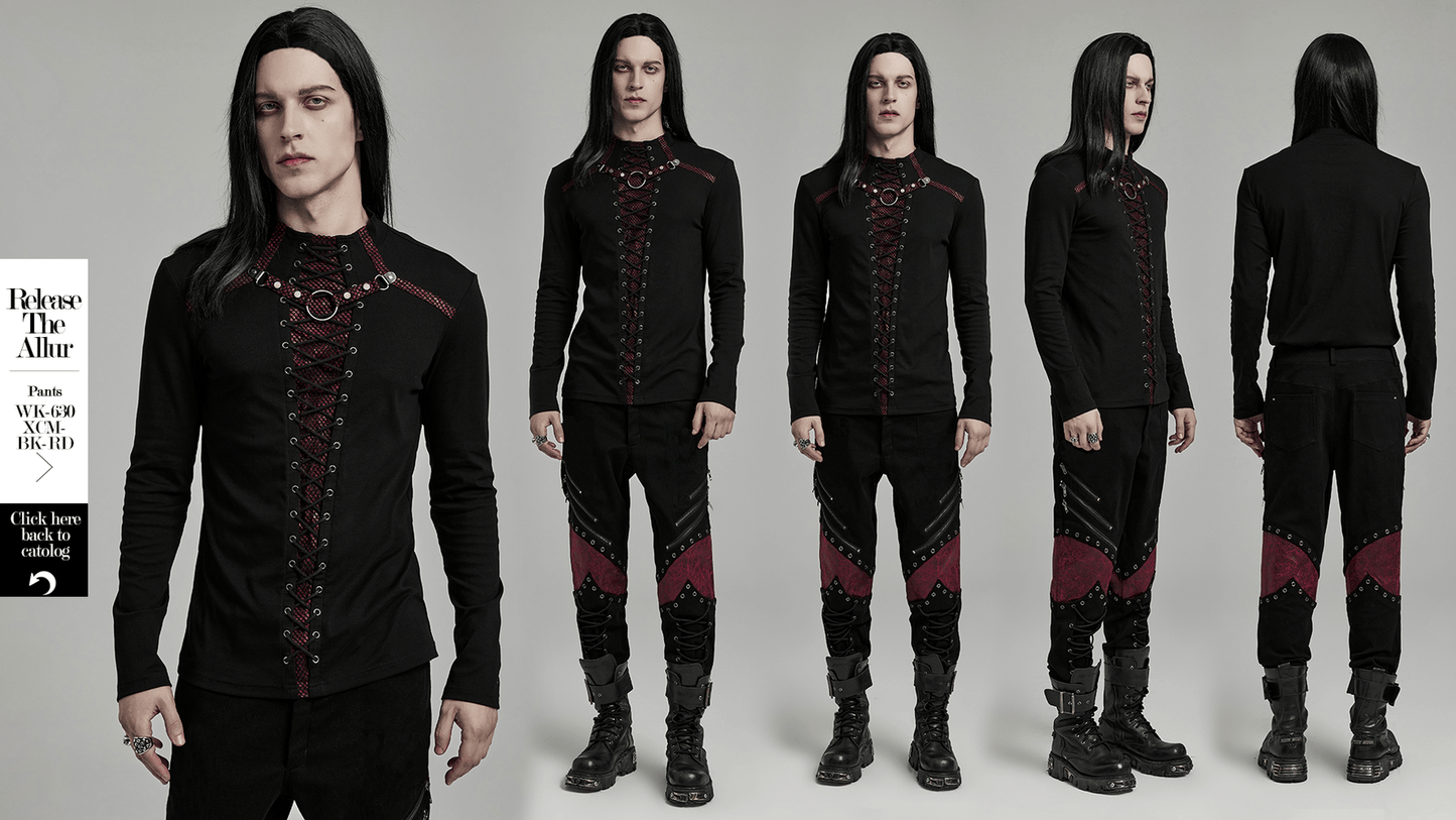 Men's Punk Laced-Up Long Sleeve Top with Metal Accents