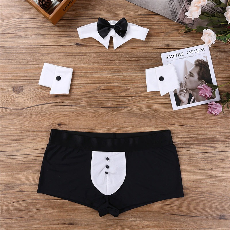 Men's Sexy Tuxedo Roleplay Costume Waiter / Boxer Underwear with Bow Tie