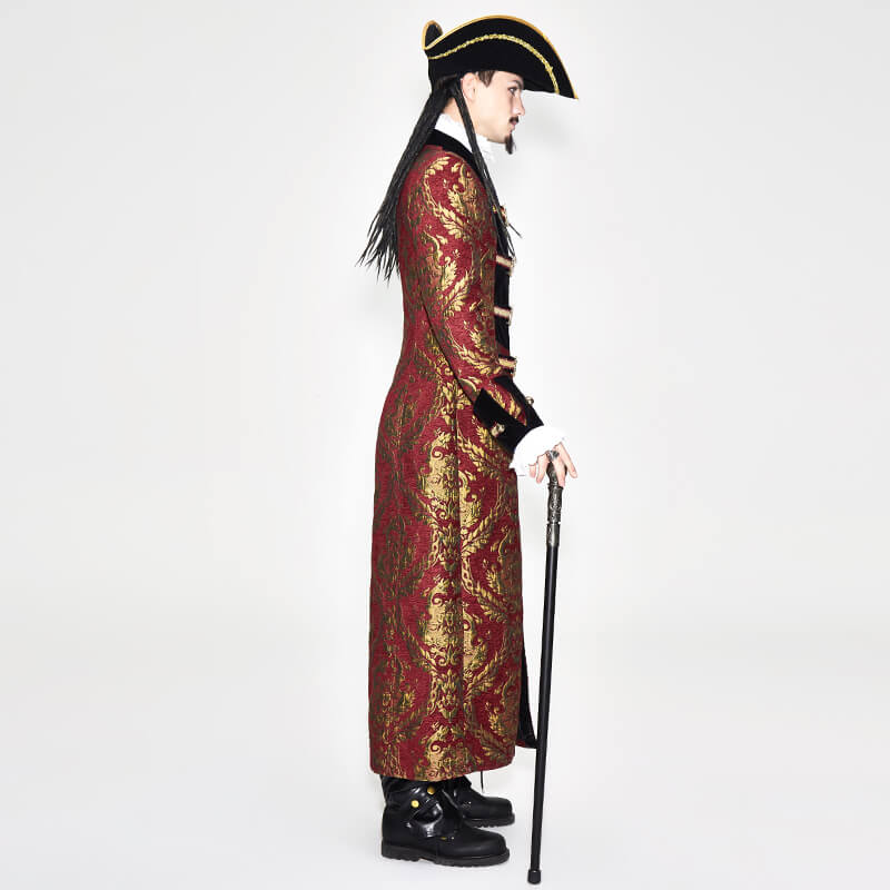 Men's Steampunk Gothic Embroidery Long Coat / Retro Red and Gold Pirate Overcoat