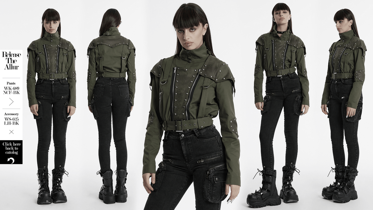 Military Style Short Jacket with Distressed Rivets