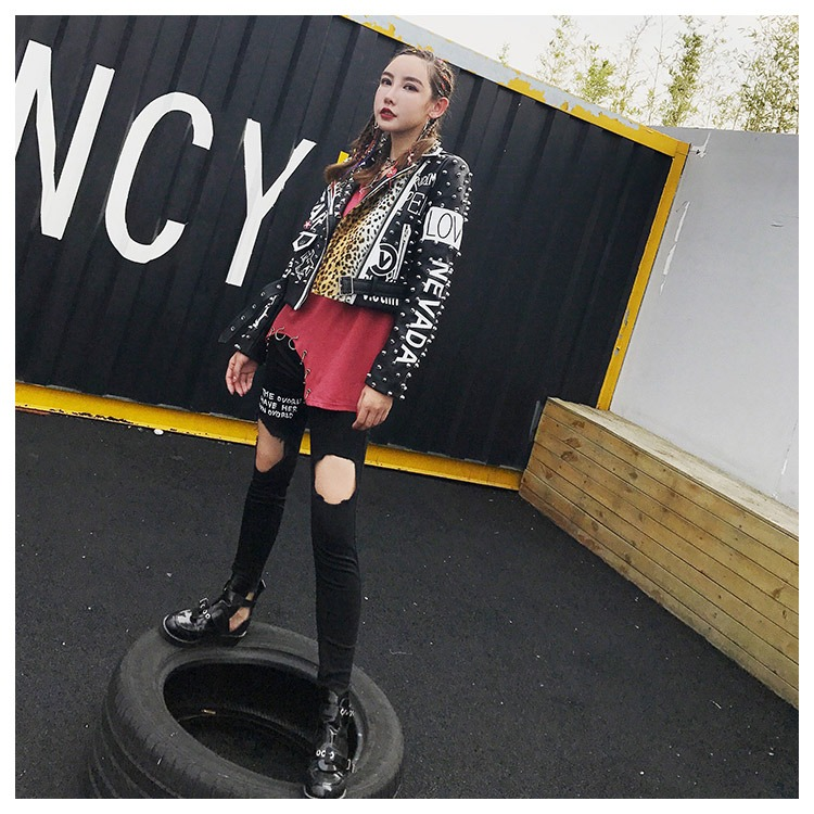 Motorcycle Long Sleeve Leather Jacket for Women / Rocker Fashion Outfit