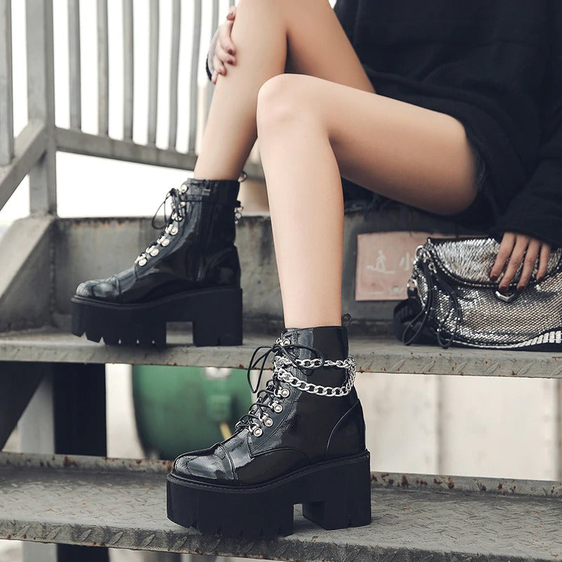Patent Leather Gothic Women's Black Platform Boots / Female Ankle Zipper Boots With Double Chain