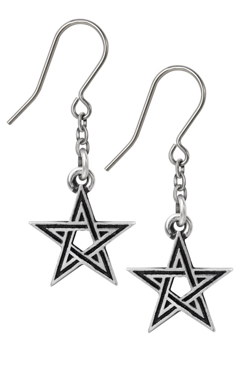 Pentagram Earrings with Black Enamel and Chain Design