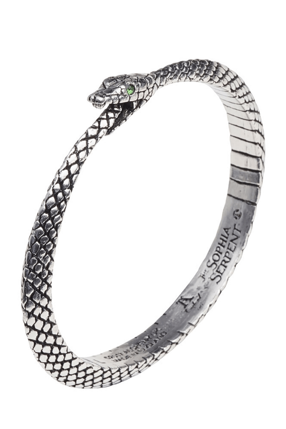 Pewter Ouroboros Snake Bangle with Green Crystal Eyes