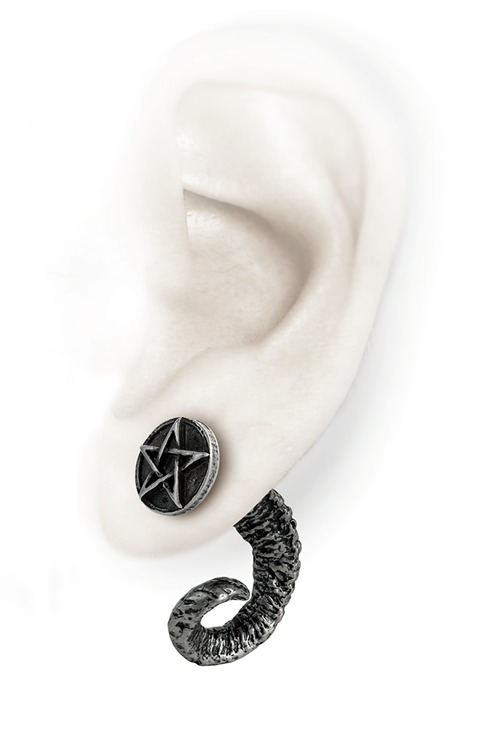 Pewter Ram's Horn Earring with Pentagram End Cap