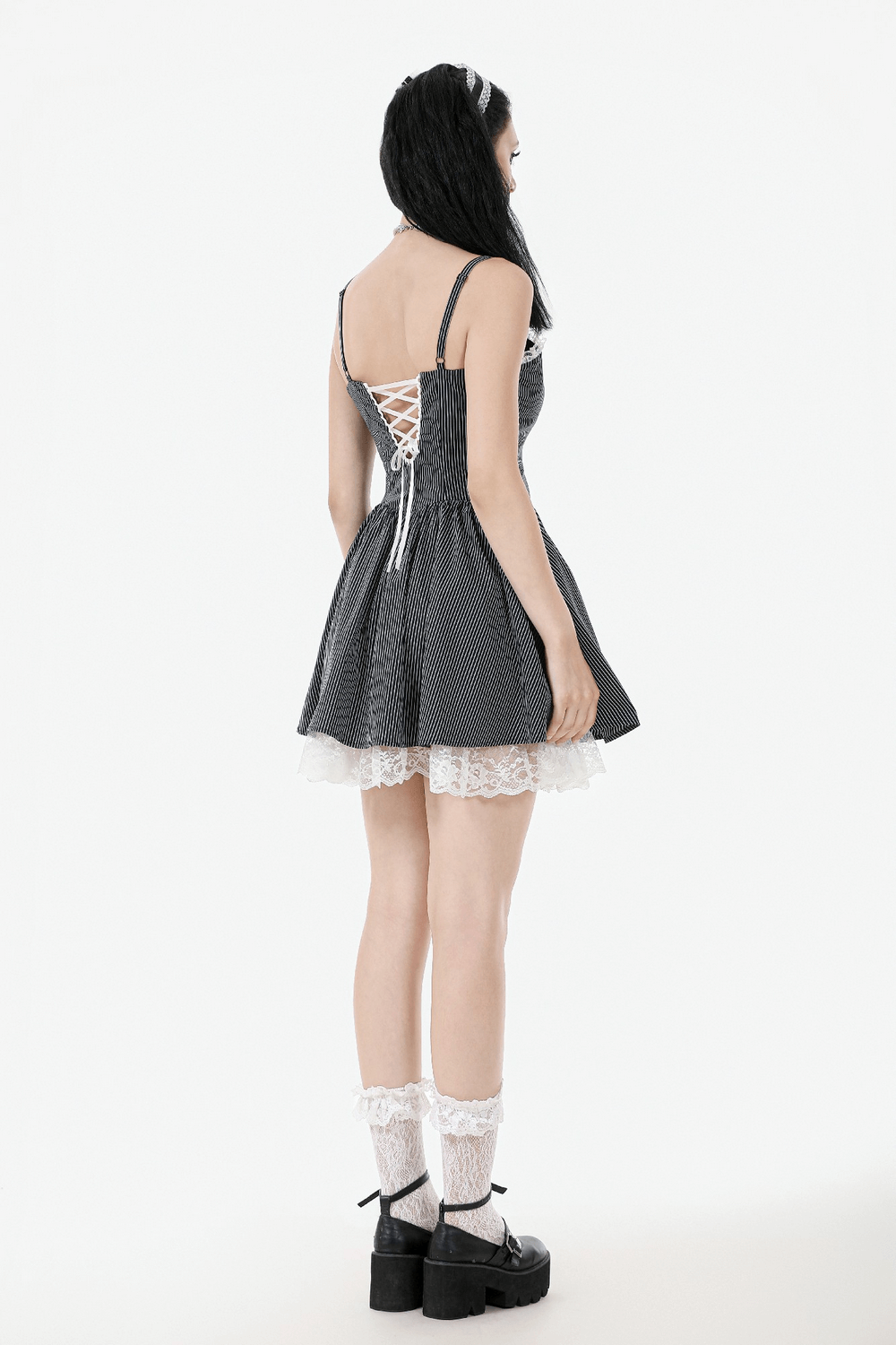 Pinstripe Gothic Dress with Lace Trim and Corset Back