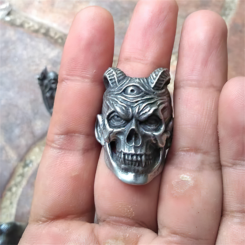 Plague Devil Skull Ring / Stainless Steel Demon Biker Jewelry / Three Eyed Rock Jewelry