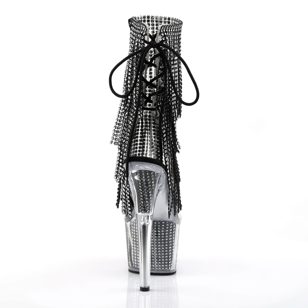PLEASER Silver-Black Rhinestone Fringe Stiletto Heel Boots
