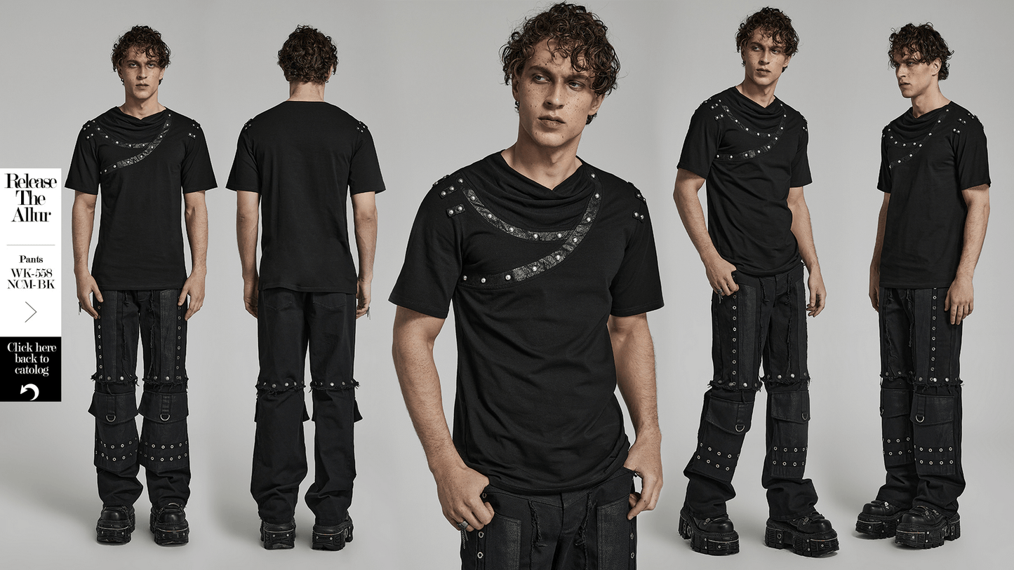 Punk Asymmetric Cracked Leather T-Shirt with Rivets