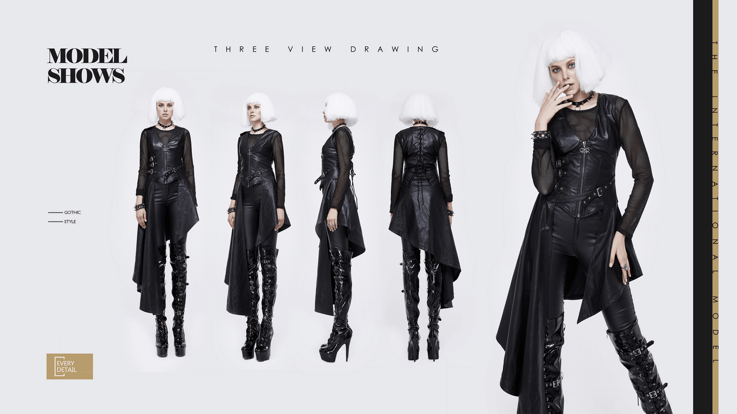 Punk Asymmetrically Dress with Spiked Rivets / Women's Imitation Leather Dress with Zipper