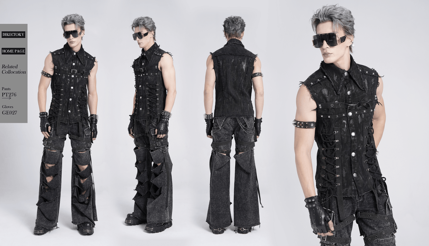 Punk Denim Shirt with Lace-Up Sides and Studded Detail