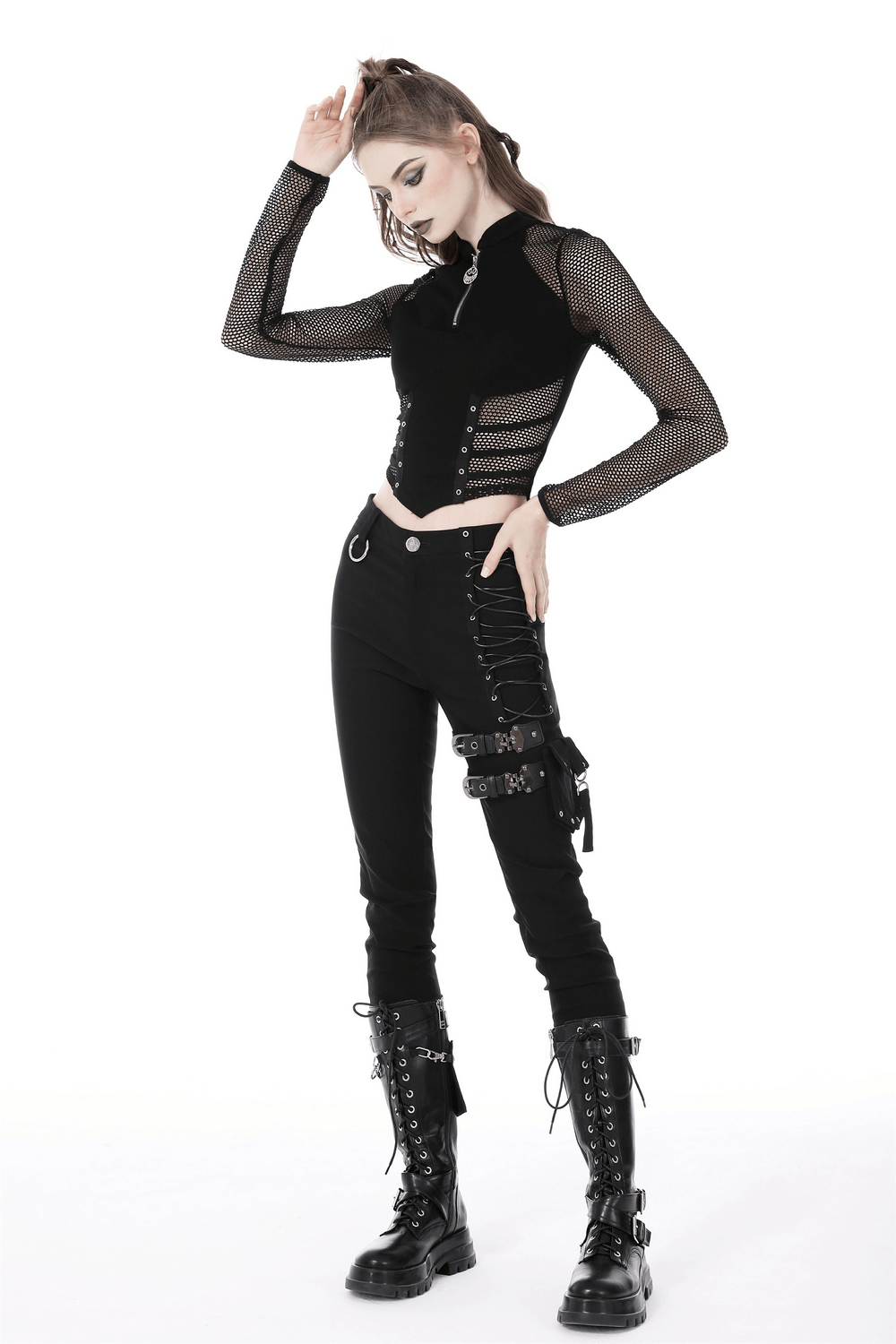 Punk Gothic Zip-Up Mesh Crop Top with Long Sleeves