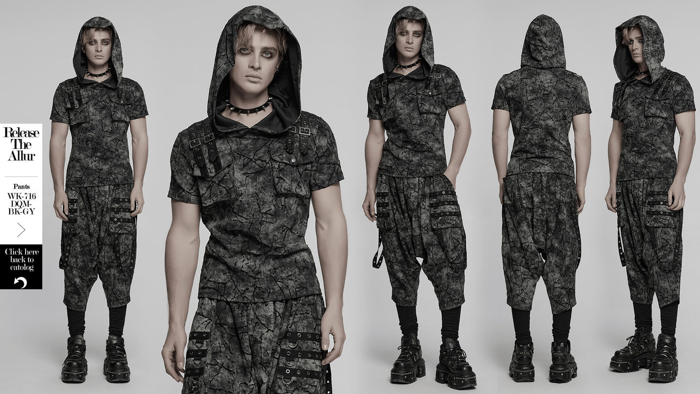 Punk Hooded T-shirt with Cracked Texture and Straps