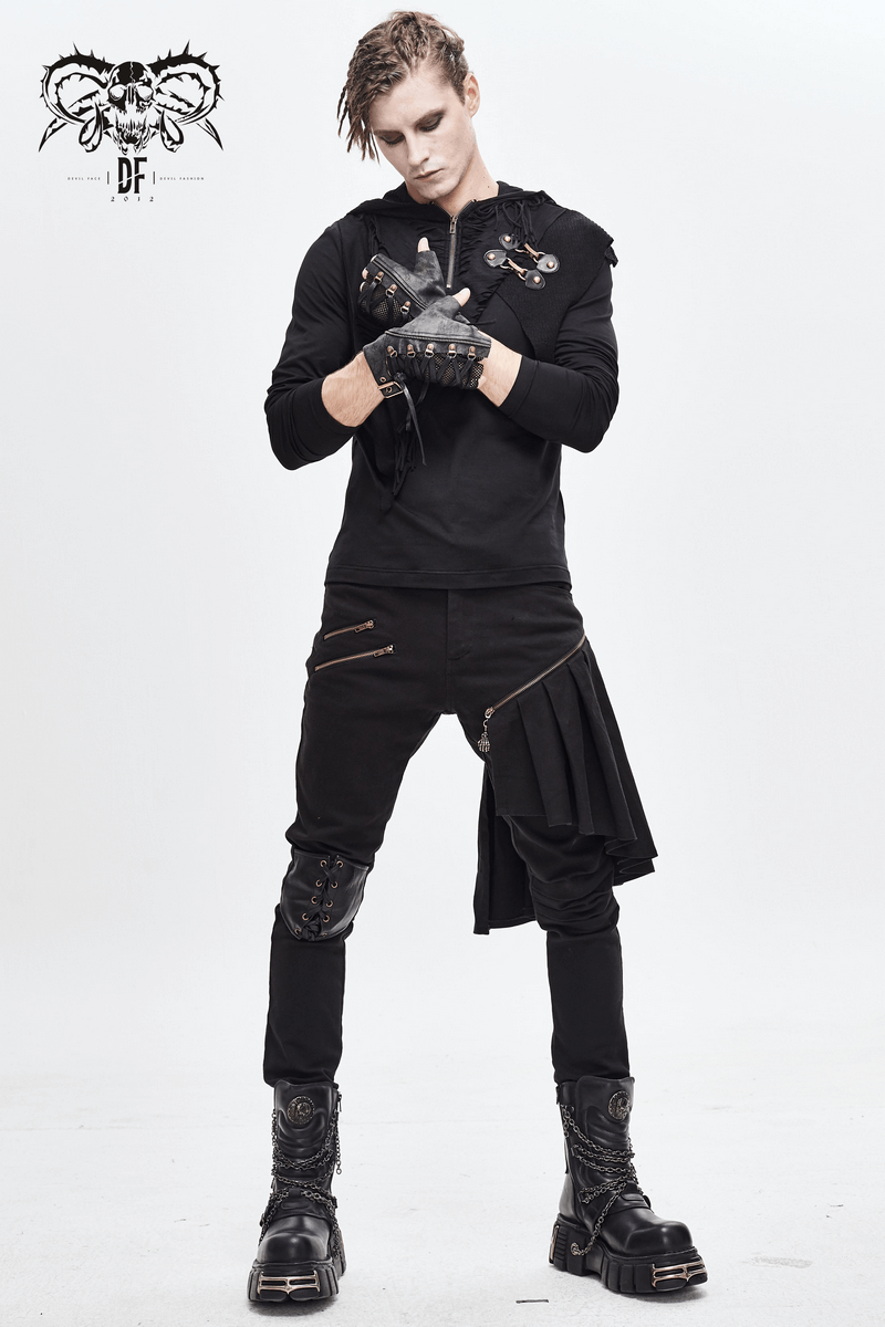 Punk Lace-up Mesh Faux Leather Half Gloves / Men's Gloves with Buckle and Decorative Zip