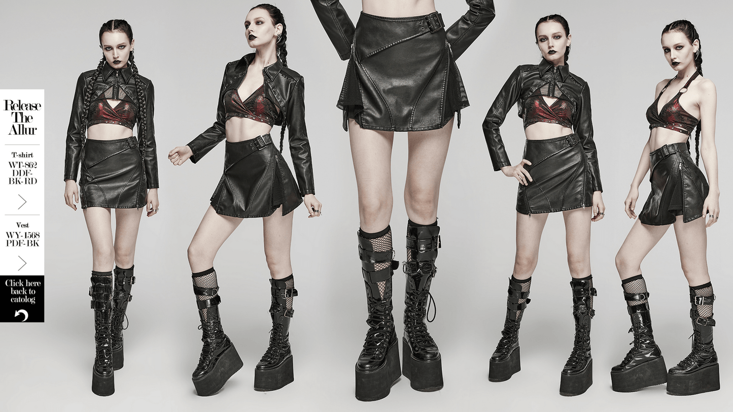 Punk Leather Mini Skirt with Mesh Panels and Side Buckle