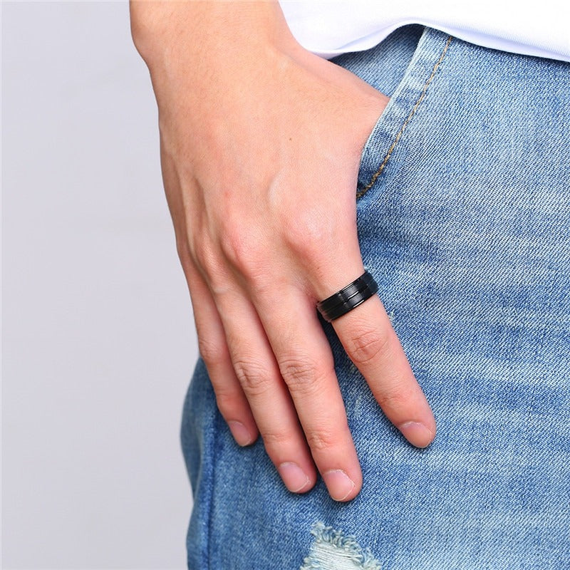 Punk Matte Stainless Steel Ring with Groove / Black Men's Jewelry / Rave outfits