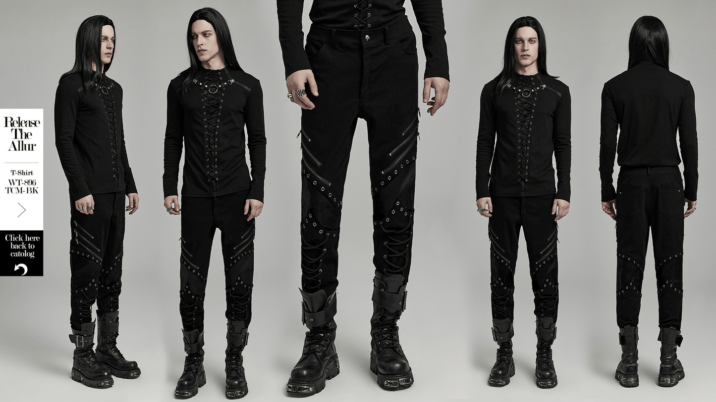 Punk Men's Black Twill Pants with Zippers and Eyelets