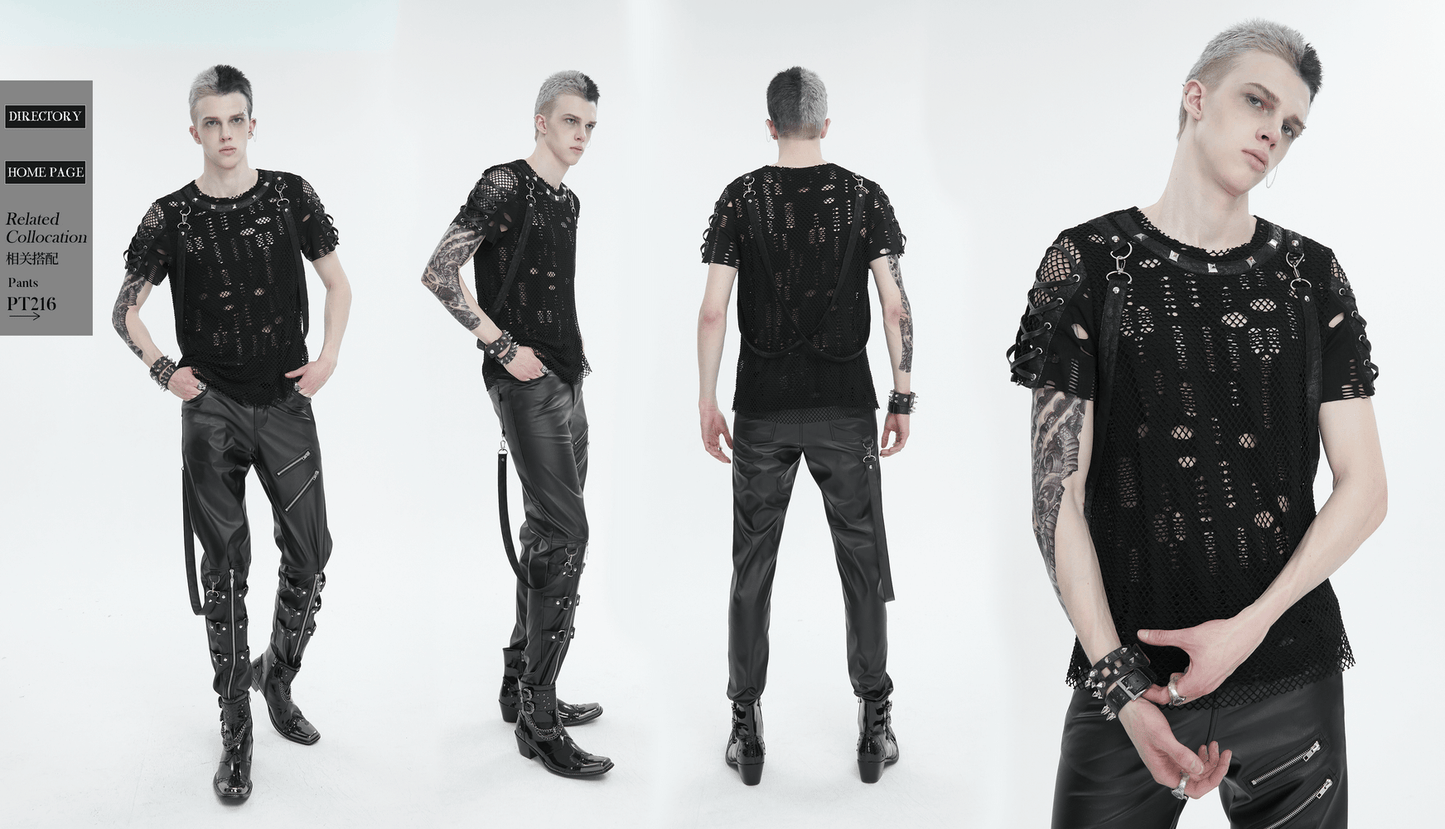 Punk Mesh T-Shirt with Detachable Straps / Men's Black Studs T-Shirts Lace-Up on Sleeves