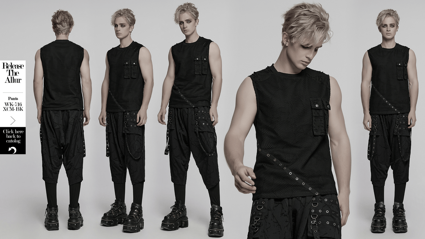 Punk Mesh Top with Tattered Fabric and Pocket Details