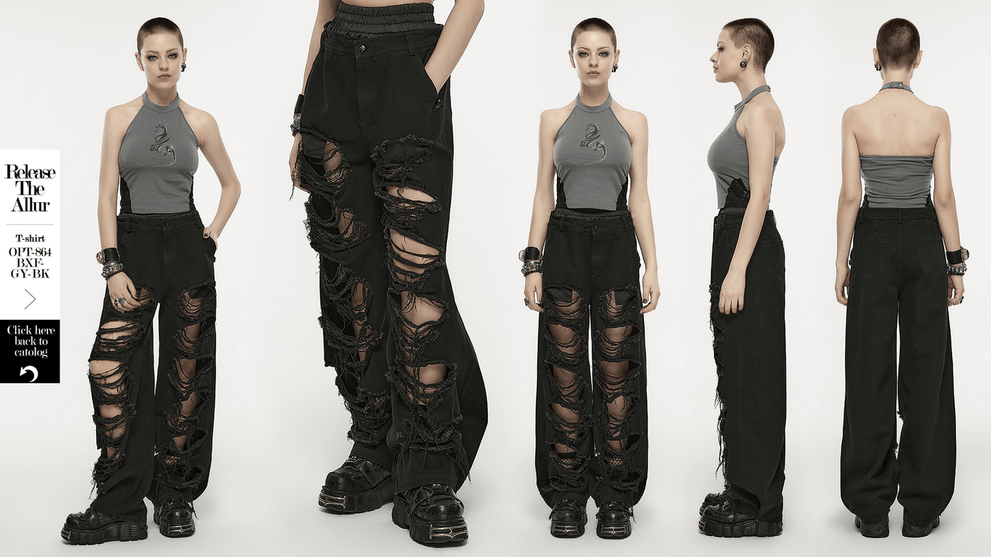 Punk Rave Black Distressed Wide Leg Denim Pants with Rips