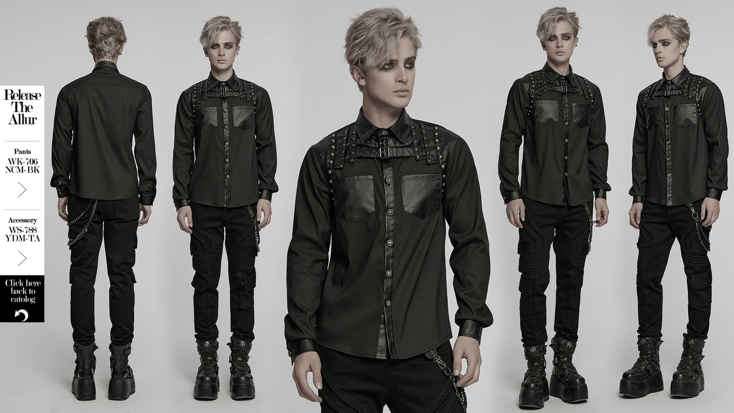 Punk Riveted Leather Patchwork Street Style Shirt