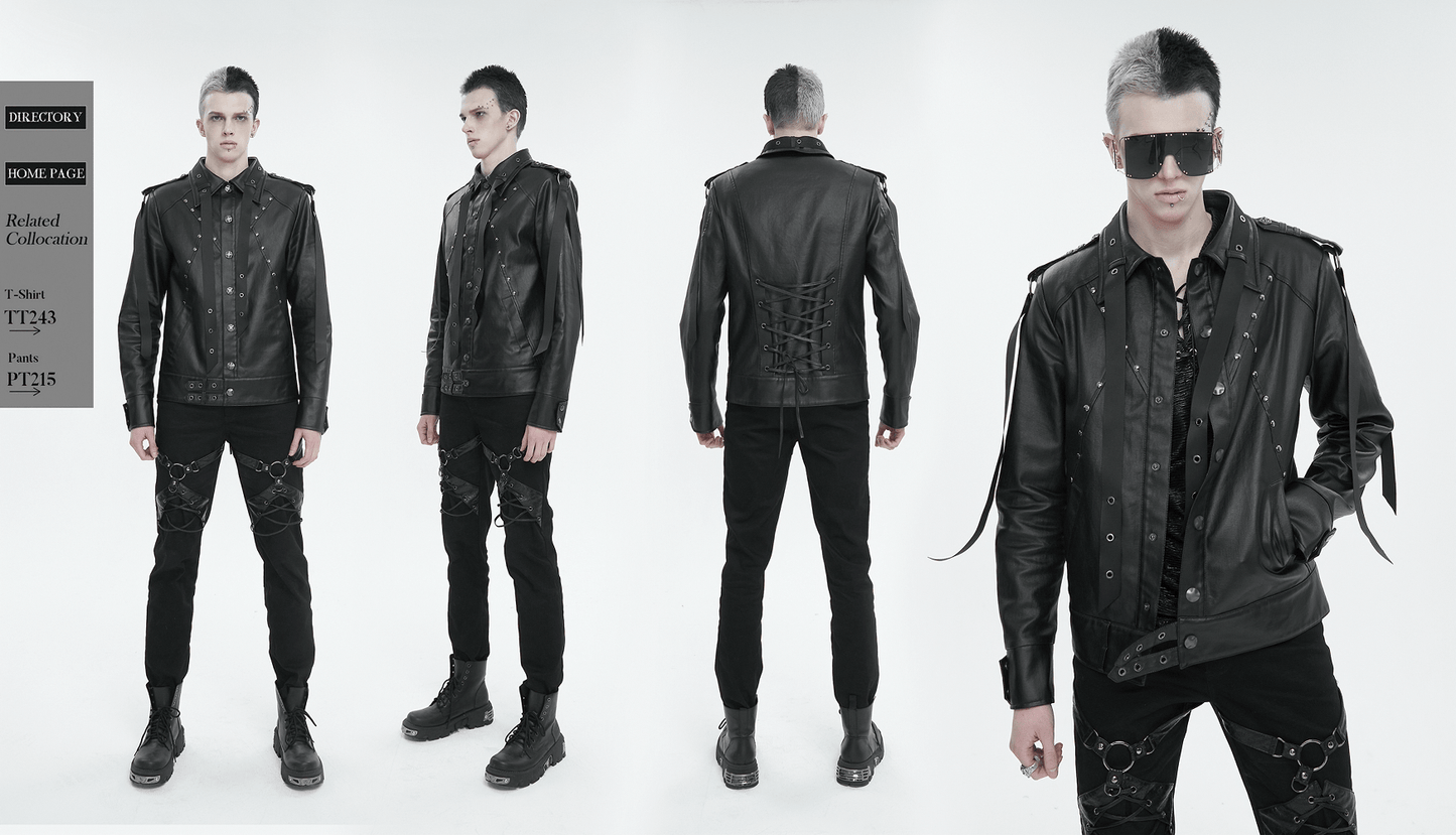 Punk Rivets Short Jacket for Men / Black Jacket with Webbing Straps on Front and Lace-up Back