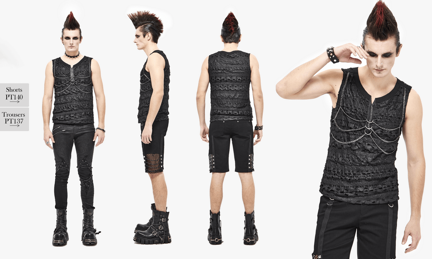Punk Rock Chain Sleeveless Tank Tops / Black Men's Top with Broken Holes