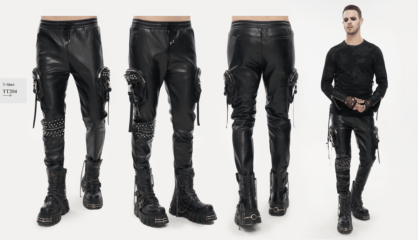 Punk Rock PU Leather Pants with Three-Dimensional Pockets / Fashion Rivets Elastic Waist Trousers
