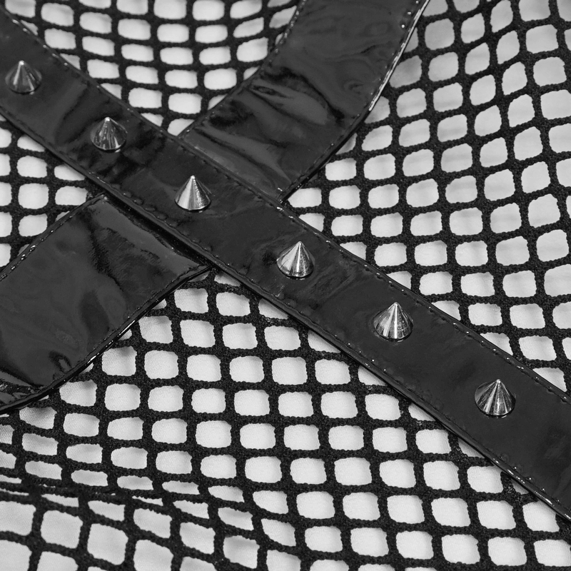 Punk Sexy Mesh Transparent Bodysuit / Black Halter Bodysuit With Detachable Long Belt