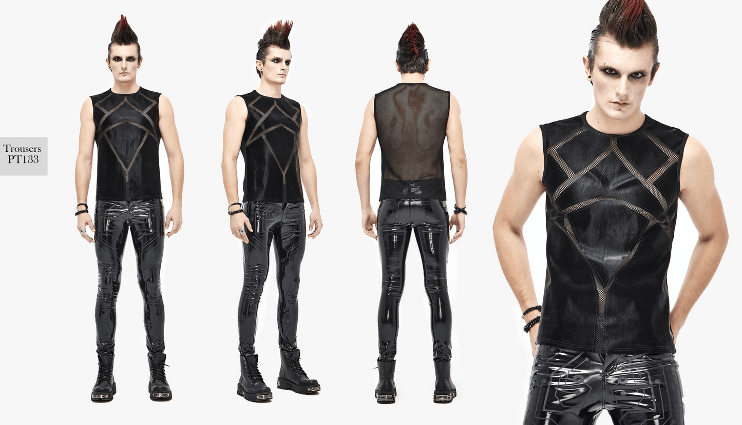 Punk Sexy See-through Tank Top for Men / Gothic Black Sleeveless O-Neck Elastic Tee Shirt