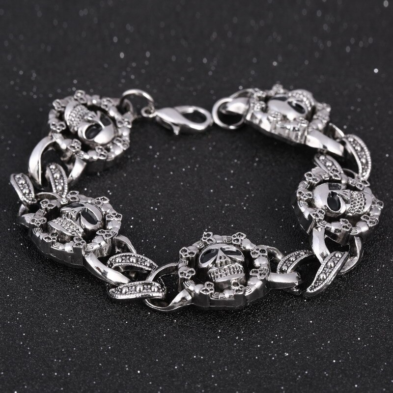 Punk Stainless Steel Bracelet For Men / Gothic Double Skull Heads Cuff Bracelets / Fashion Men's Jewelry
