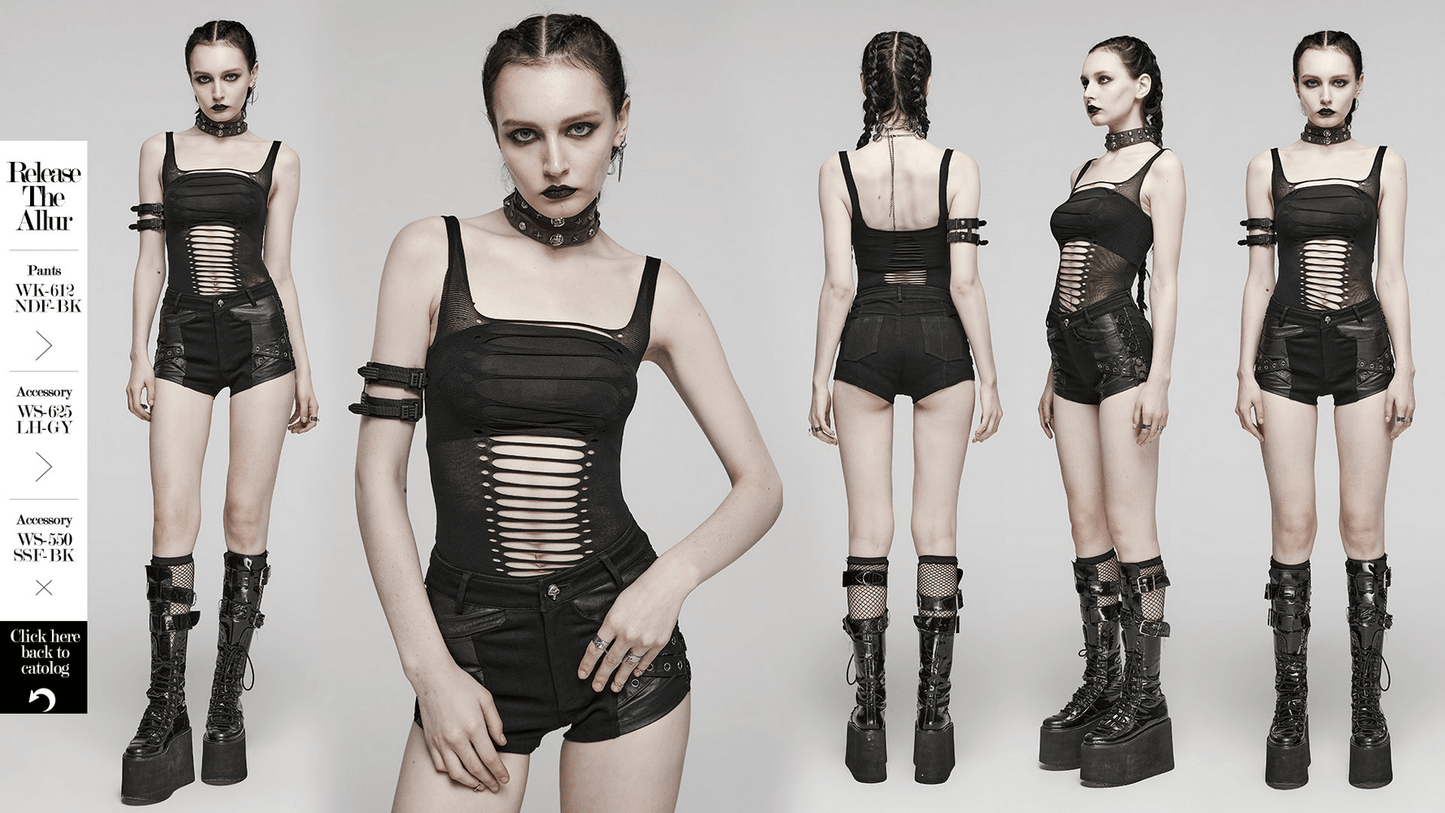 Punk Style Elastic Hollow-Out Black Tank Top for Women