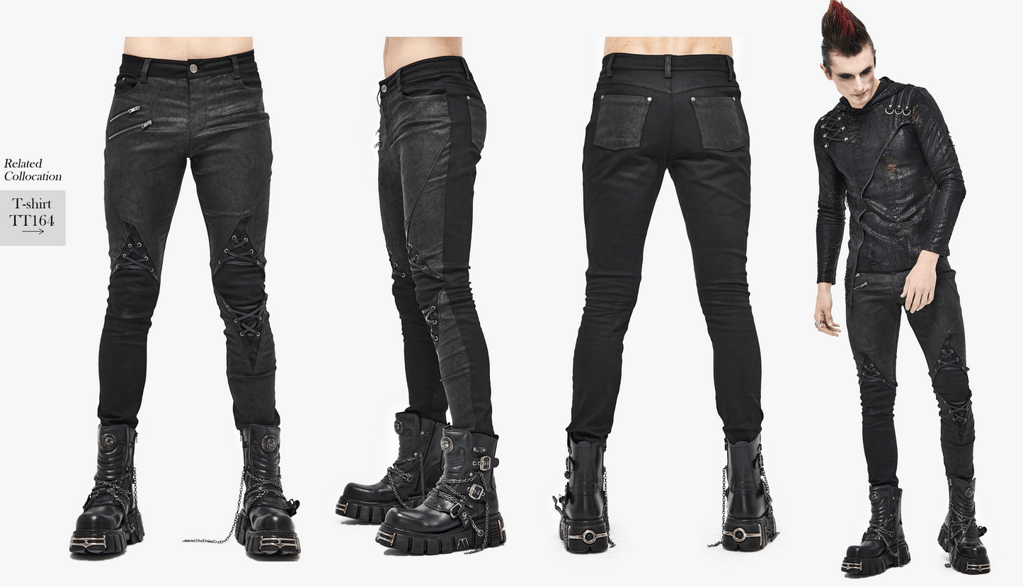 Punk Style Men's Jeans From Feature With Faux Leather Trim / Fashion Male Zip Pants with Lace-Up