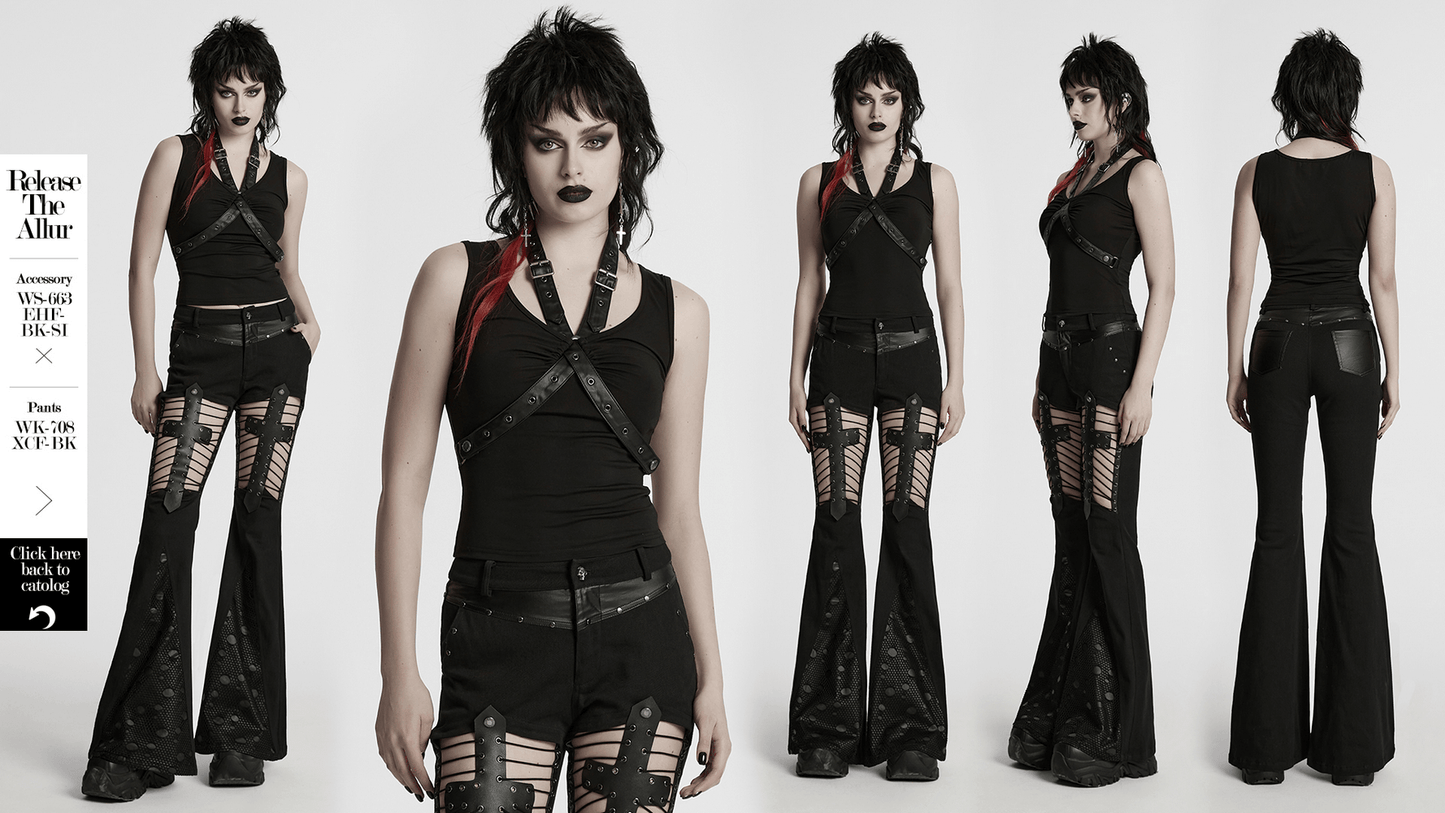 Punk V-neck Cross Loop Tank Top with Faux Leather Straps