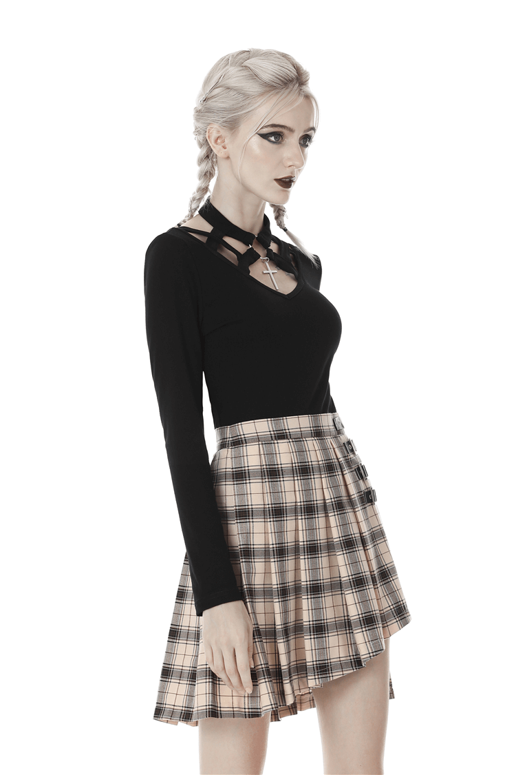 Punk V-Neck Long Sleeves Top With Metal Cross