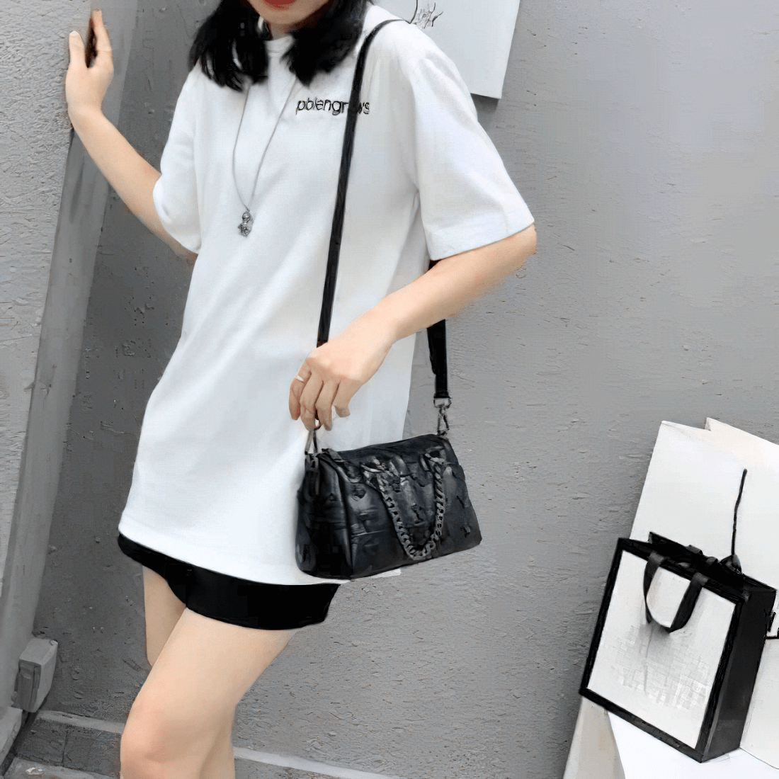 Punk Women's Bag with Rivets / Fashion Patchwork Handbag with Chain