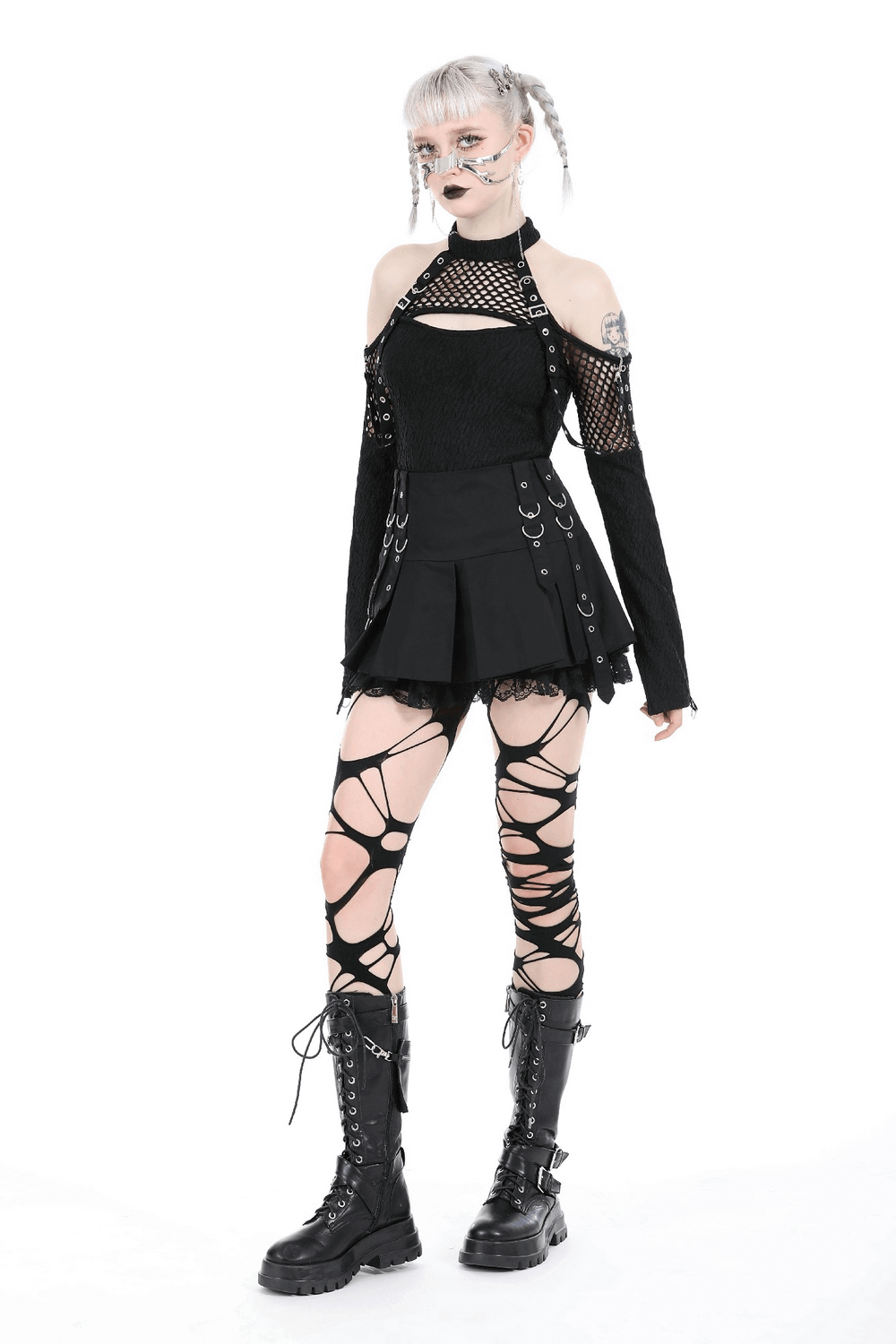 Punk Women's Mini Skirt with Lace Trim and O-Rings