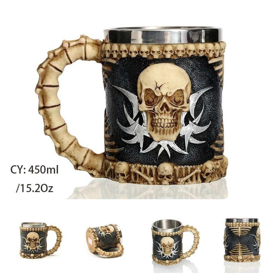 Resin and Stainless Steel Beer 450ml Mug / Retro Viking Pub Bar Mug with Devil Skull