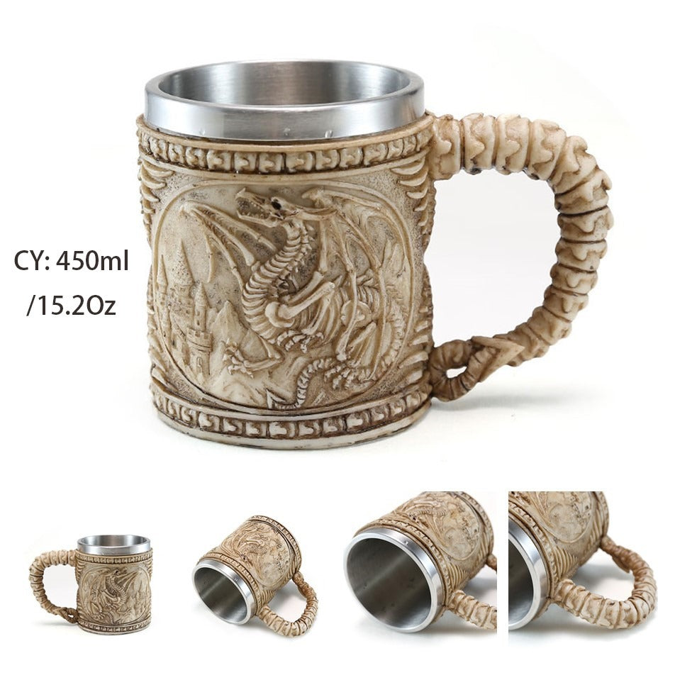 Resin and Stainless Steel Beer 450ml Mug / Retro Viking Pub Bar Mug with Dragon