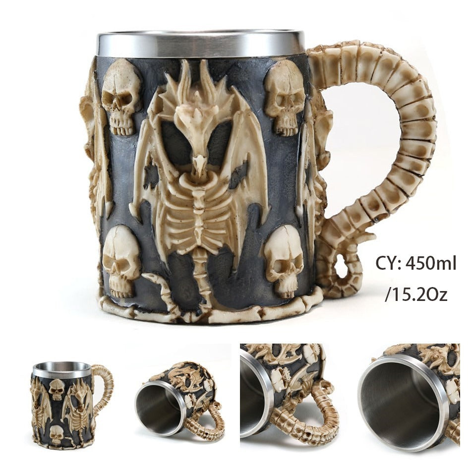 Resin and Stainless Steel Beer 450ml Mug / Retro Viking Pub Bar Mug with Skull Dragon