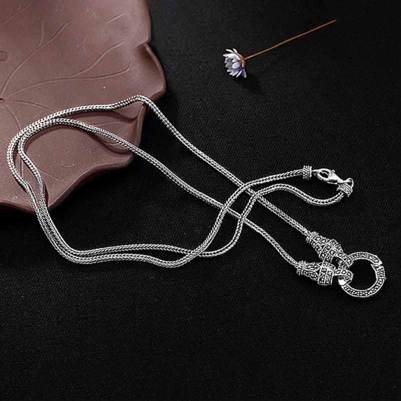 Retro Long Chain with Real Silver / Marcasite Stone Pendant / S925 Sterling Silver Jewelry