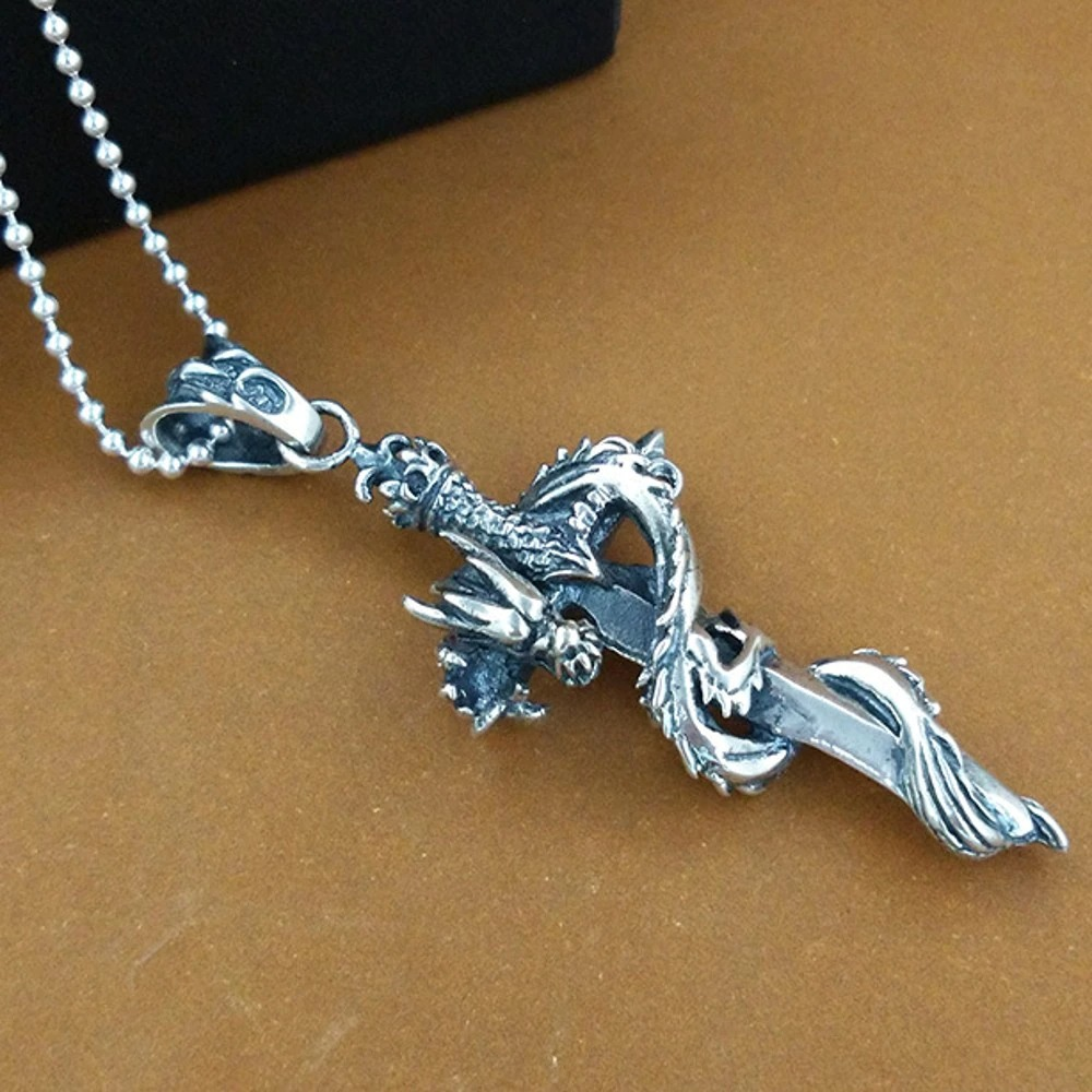 Retro Pendant in form Holy Sword with Hovering Dragon / Fashion Jewelry of real s925 Pure Silver