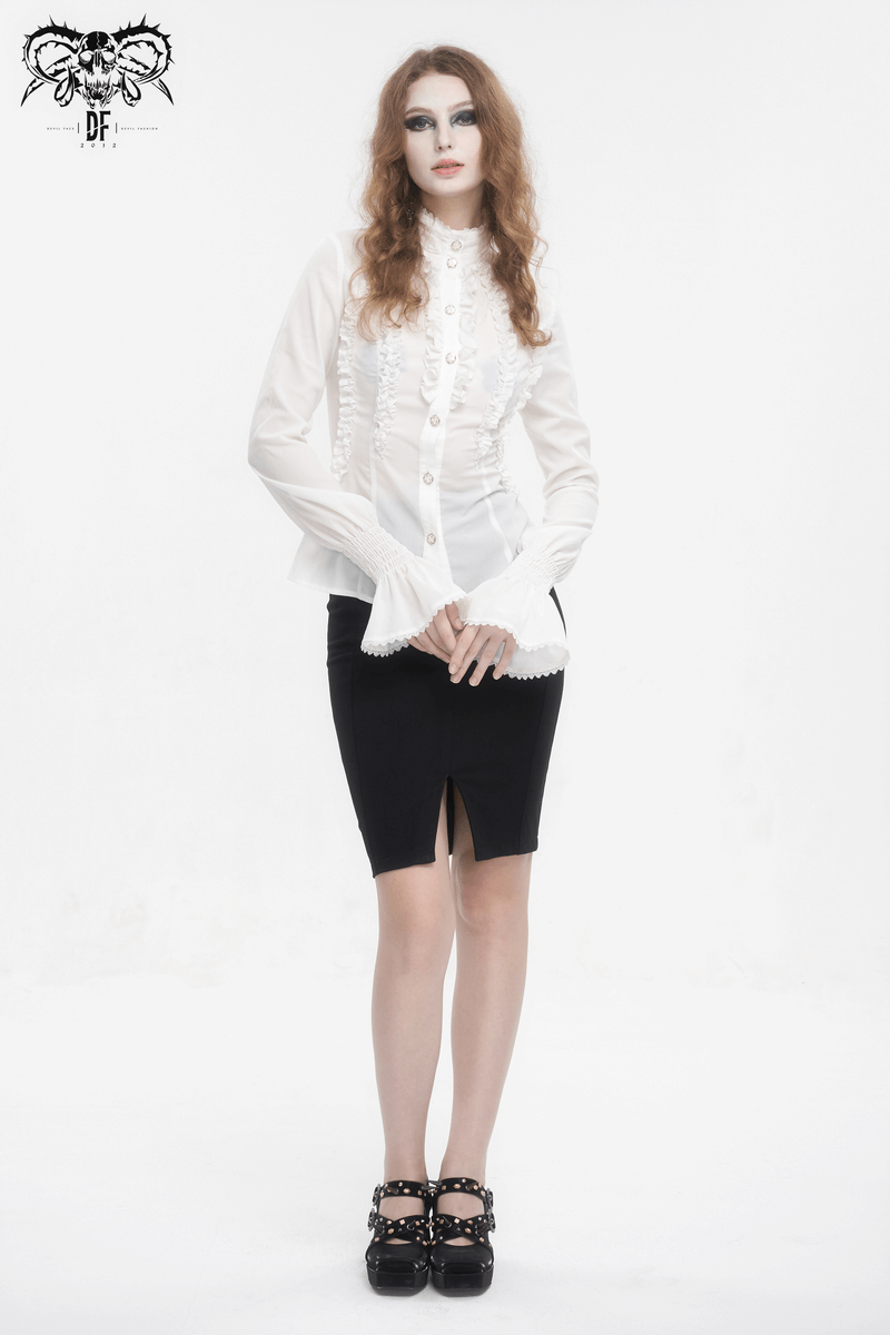Retro Ruffles Flared Cuff on Sleeves Shirt / Gothic Slim White Blouse