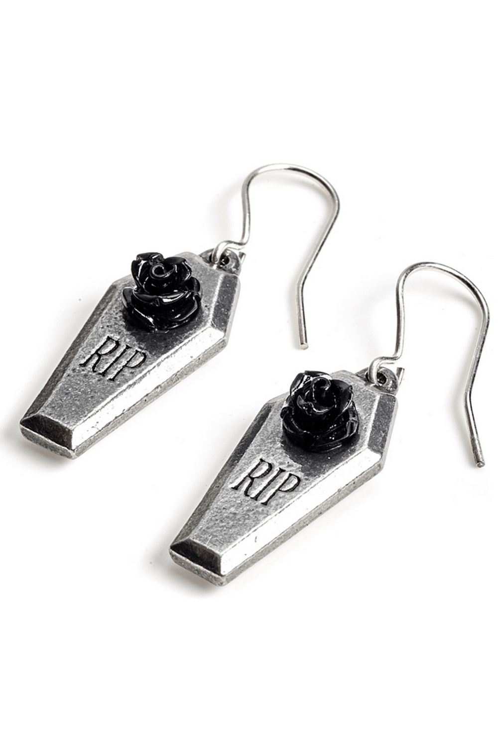 RIP Rose Coffin Earrings with Black Resin Rose Detail