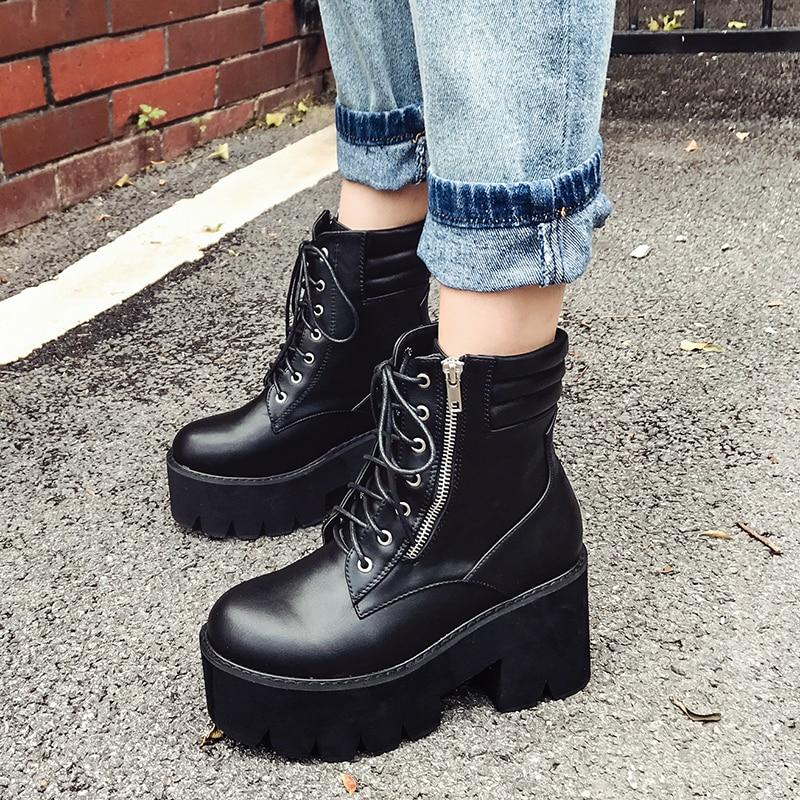 Rock Style Ankle Boots For Women / Chunky Heels Lacing Boots