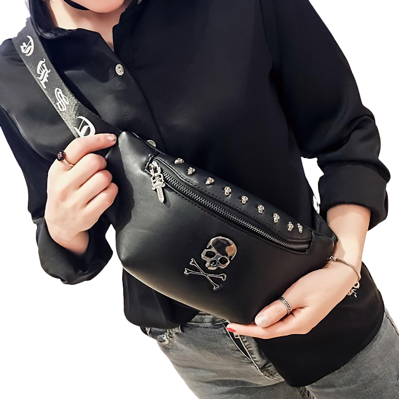 Rock Style Crossbody Bag With Skull And Rivets For Men And Women / Unisex Waist Banana